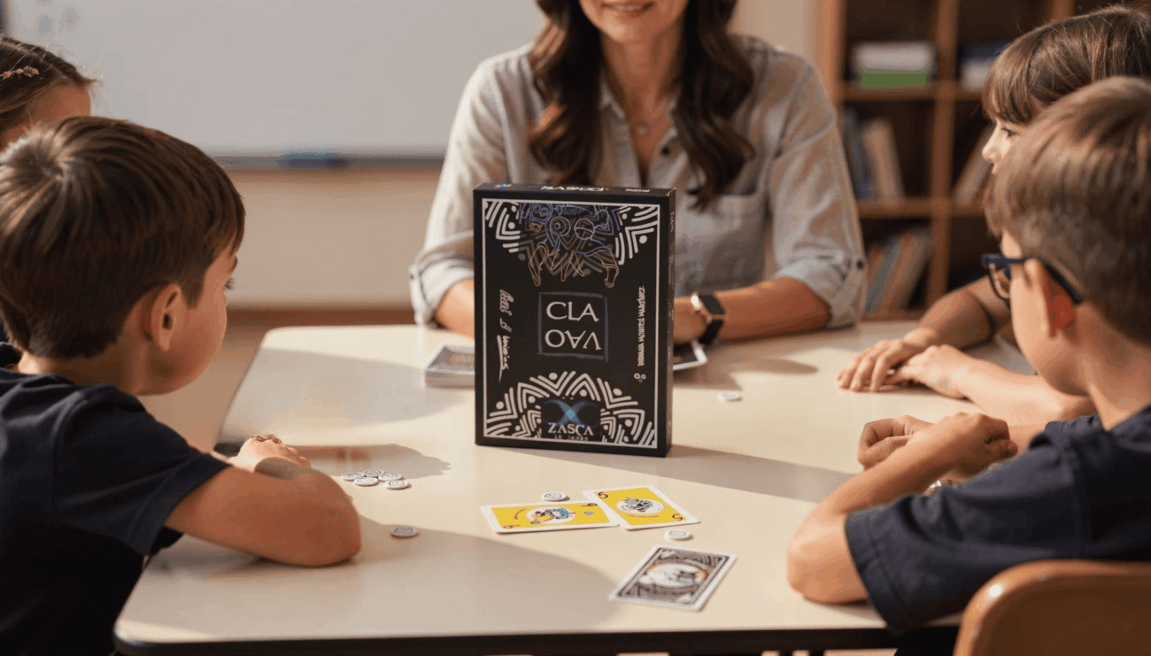 Niños jugando a un juego de mesa educativo con una profesora en un aula utilizando el juego CLAVAO