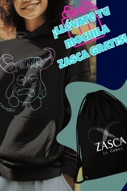 Persona con sudadera negra unisex ZASCA ZASCASTEIN con diseño original y promoción mochila ZASCA gratis