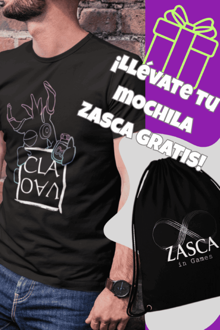 Camiseta negra CLAVAO para hombre de Zasca in Games con diseño de juego de mesa y promoción de mochila gratis