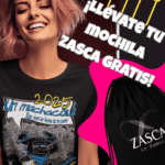 Mujer con camiseta negra ZASCHACAU de Zasca in Games con diseño Un machacau y promoción mochila gratis