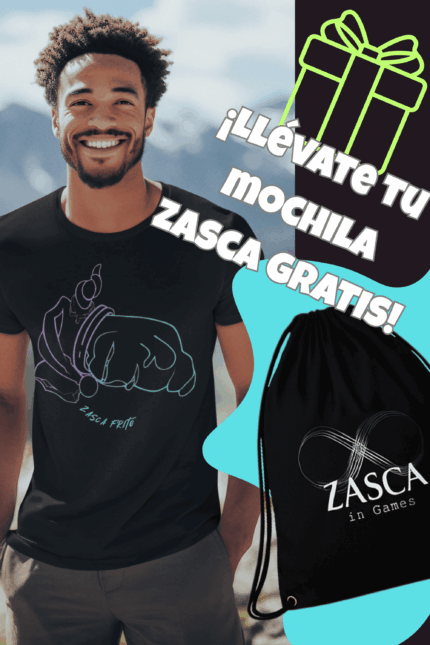Hombre con camiseta negra ZASCA FRITO 100% algodón con diseño original y mochila ZASCA de regalo