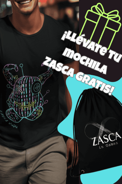 Hombre con camiseta negra ZASCA VUDÚ de Zasca in Games con promoción mochila gratis