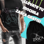 Camiseta negra de hombre ZASCASTEIN con diseño original y promoción de mochila ZASCA gratis incluida