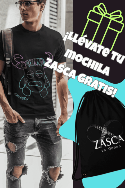 Camiseta negra de hombre ZASCASTEIN con diseño original y promoción de mochila ZASCA gratis incluida
