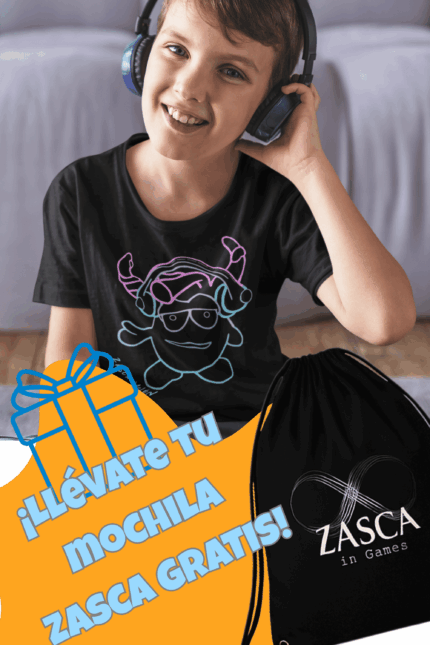 Niño con camiseta negra ZASCA MOLÓN 100% algodón con diseño original y mochila ZASCA de regalo