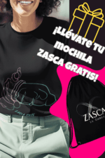 Camiseta negra mujer ZASCA FRITO con diseño original y mochila Zasca gratis