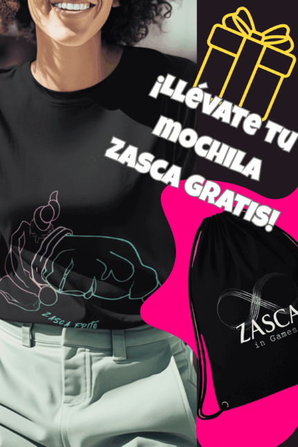 Camiseta negra mujer ZASCA FRITO con diseño original y mochila Zasca gratis