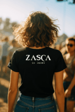 Parte trasera de camiseta negra de mujer con logo Zasca in Games en la espalda