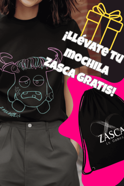 Camiseta negra mujer ZASCASTEIN con diseño original y promoción de mochila ZASCA gratis incluida