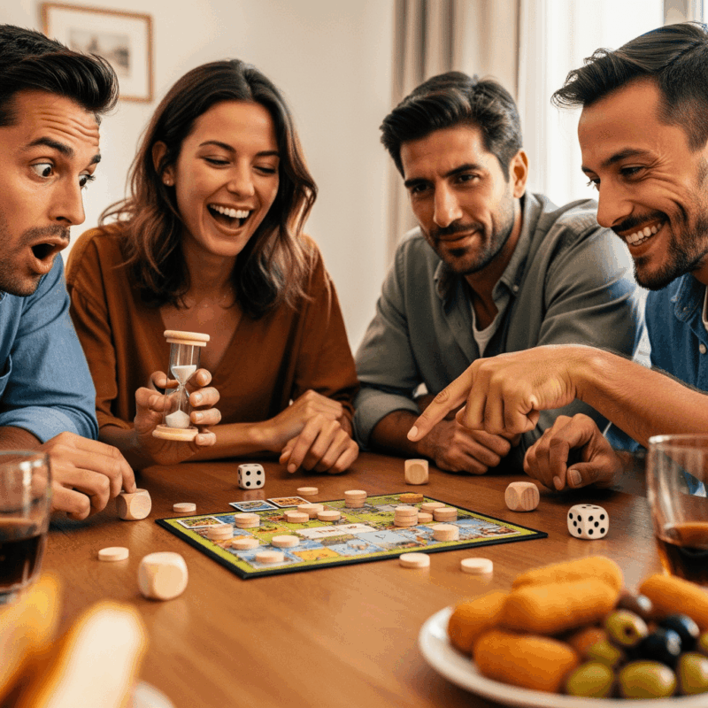 Cuatro amigos jugando a un juego de mesa de sobremesa con tablero, fichas y dados en una mesa con aperitivos