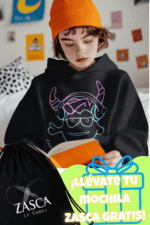 Niño con sudadera negra infantil ZASCA MOLÓN con diseño original y mochila ZASCA gratis