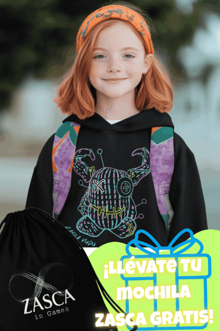 Niña con sudadera negra infantil ZASCA VUDÚ y mochila Zasca de regalo