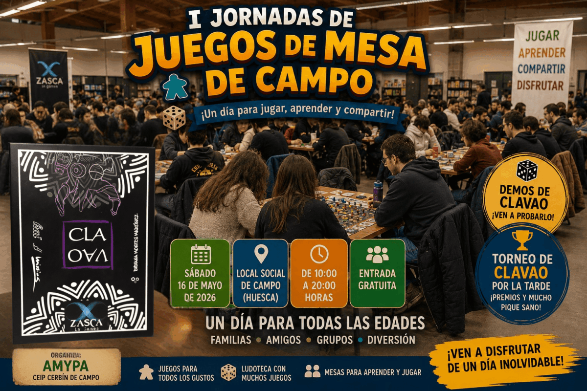 Sala llena de personas jugando en las I Jornadas de Juegos de Mesa de Campo con demos y torneo de CLAVAO de Zasca in Games