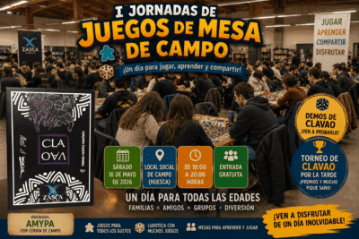 Sala llena de personas jugando en las I Jornadas de Juegos de Mesa de Campo con demos y torneo de CLAVAO de Zasca in Games