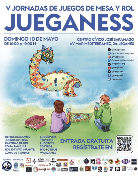 Cartel de las V Jornadas Jueganess en Leganés con juegos de mesa, rol y actividades gratuitas