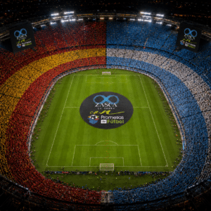 Estadio con gradas de España y Argentina y el diseño Zasca in Games con Promesas del Fútbol sobre el campo.
