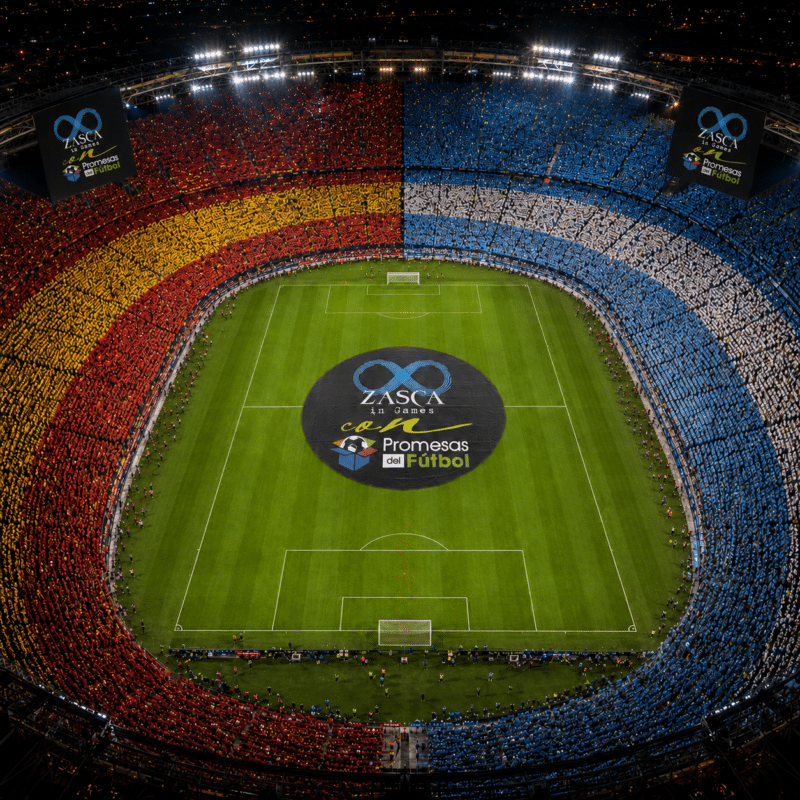 Estadio con gradas de España y Argentina y el diseño Zasca in Games con Promesas del Fútbol sobre el campo.