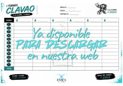 Plantilla oficial de puntuaciones del juego de cartas CLAVAO disponible para descargar gratis desde la web de Zasca in Games.